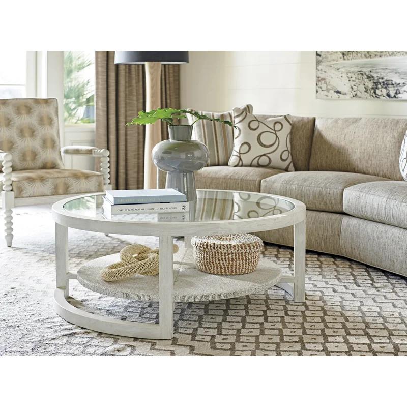 Transitional Shell White Round Cocktail Table with Glass & Wood Accents