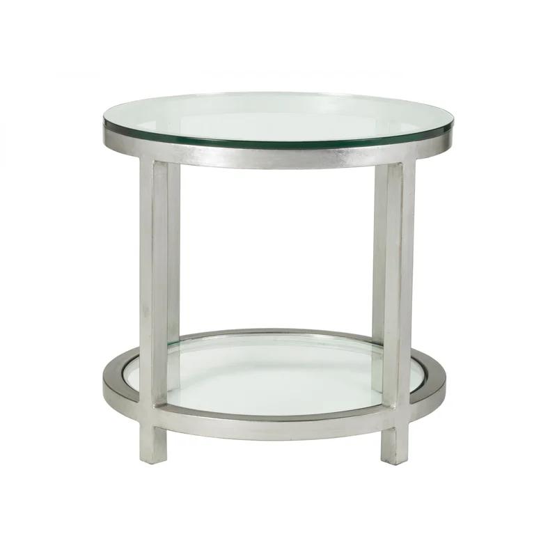 Elegant Transitional Silver Leaf Round End Table with Glass Top
