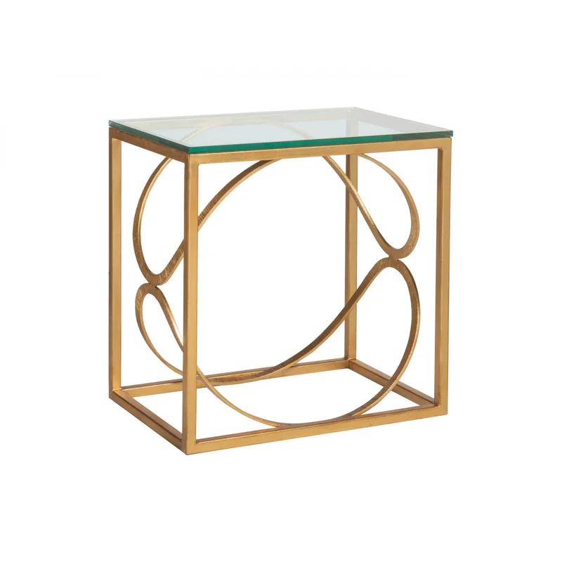 Transitional Gold Leaf Ellipse Rectangular End Table with Glass Top