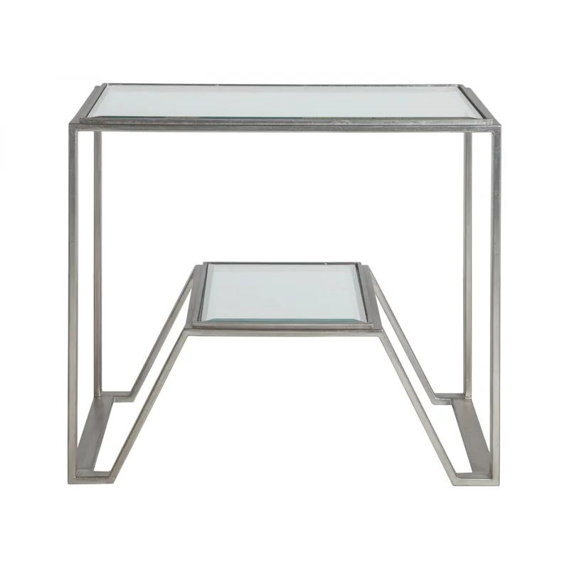 Elegant Byron Silver Leaf Rectangular Metal and Glass End Table