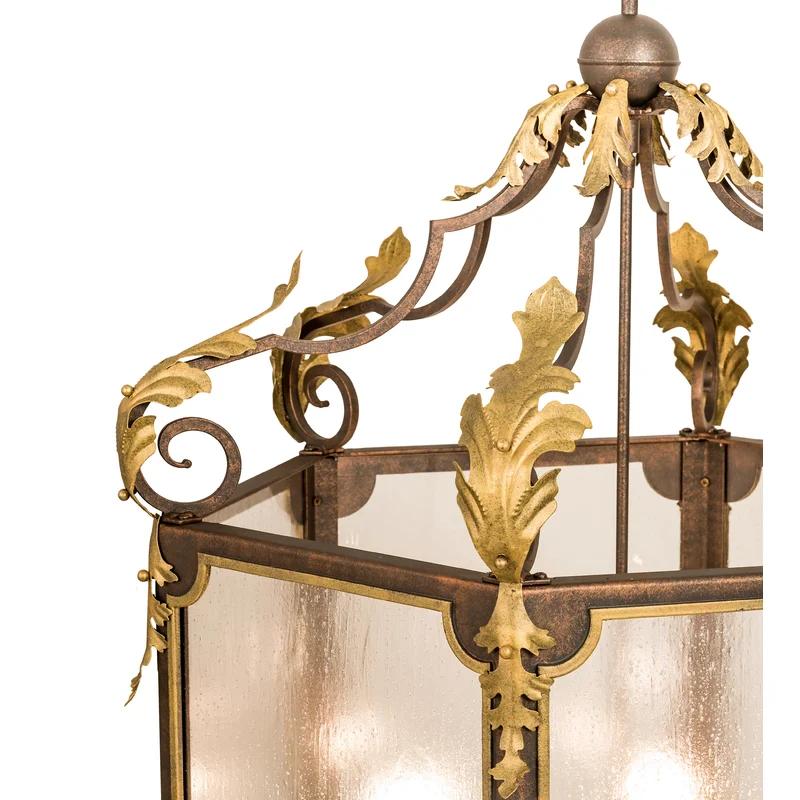 Gilded Tobacco and Gold Highlights 6-Light Lantern Chandelier with Seedy Glass