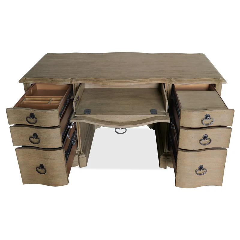 Beige Traditional Executive Desk with 7 Drawers and Keyboard Tray