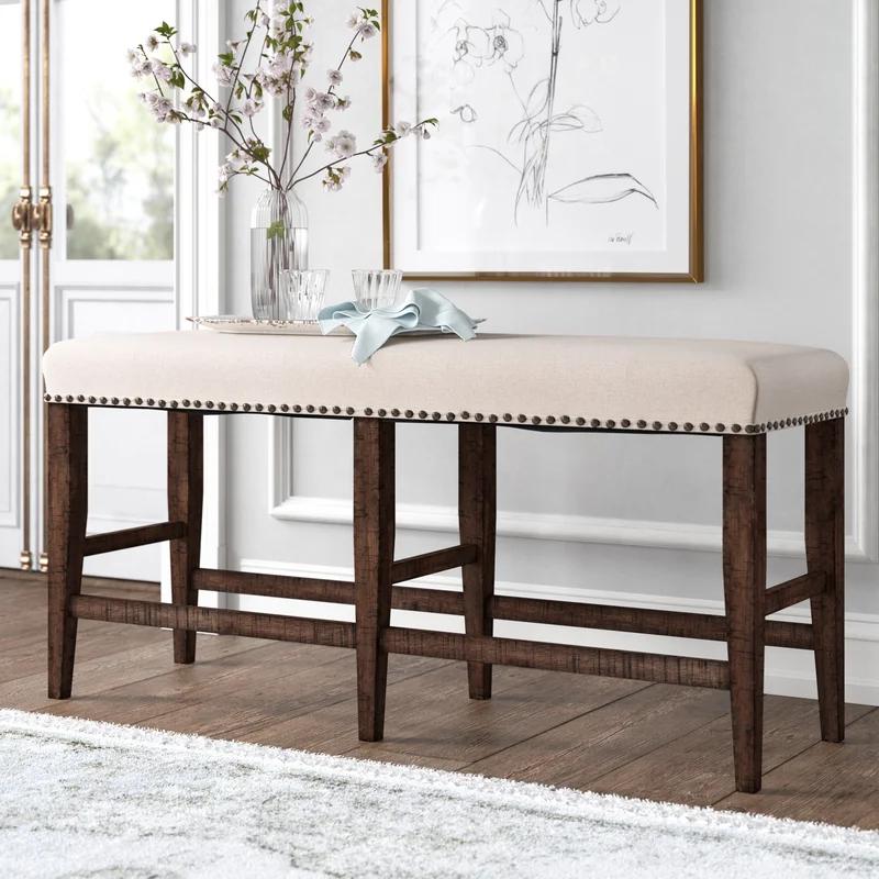Fairview Cream Upholstered 52" Counter Height Bench with Nailhead Trim
