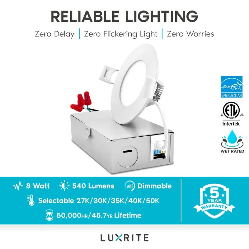 Luxrite 3" Ultra-Thin LED Recessed Light, Color Temperature Selectable, Dimmable