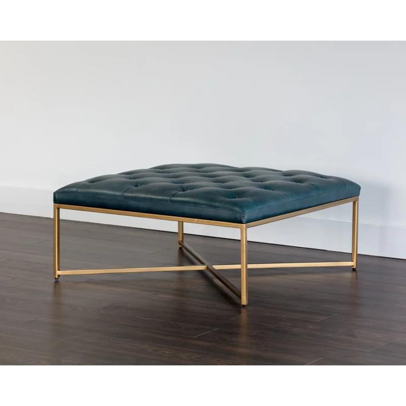 Contemporary Tufted Blue Ottoman in Genuine Leather