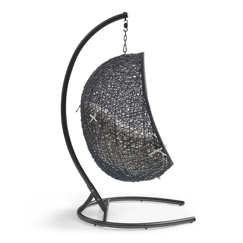 Espresso Metal and Beige Rattan Outdoor Hanging Swing Chair