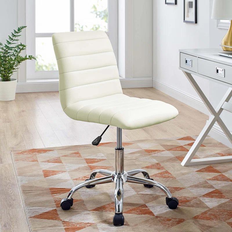 Cream Channel Tufted Armless Swivel Office Chair with Metal Base