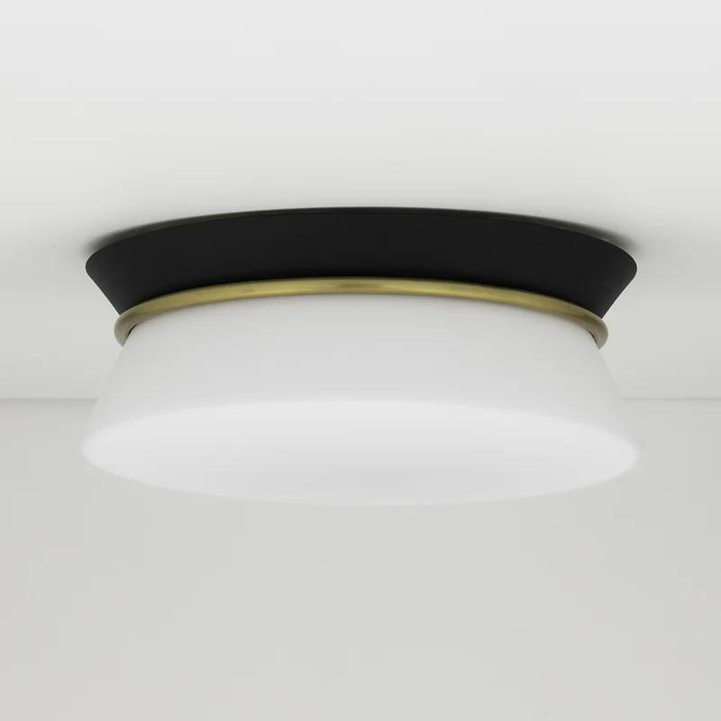 Transitional Aged Brass and Black 2-Light Opal Etched Glass Flush Mount