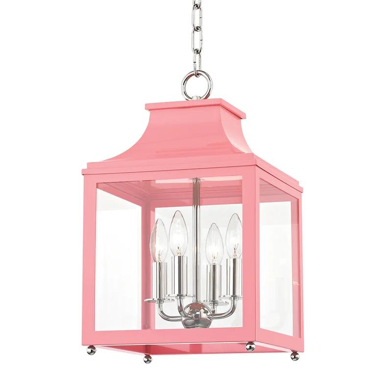 Contemporary Polished Nickel & Pink Glass 4-Light Square Pendant