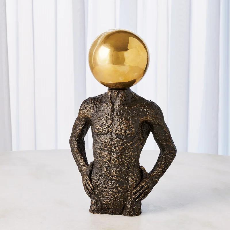 Sphere Hero-Bronze Cast Iron with Brass Geometric Head Sculpture