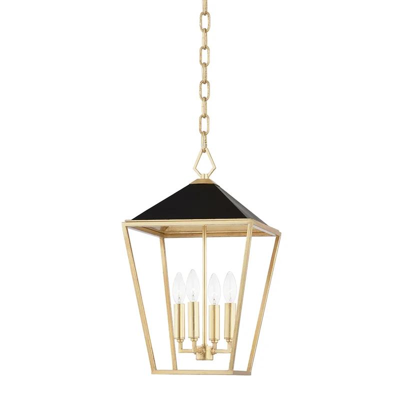 Gold Leaf and Black 4-Light Pendant with White Linen Shade