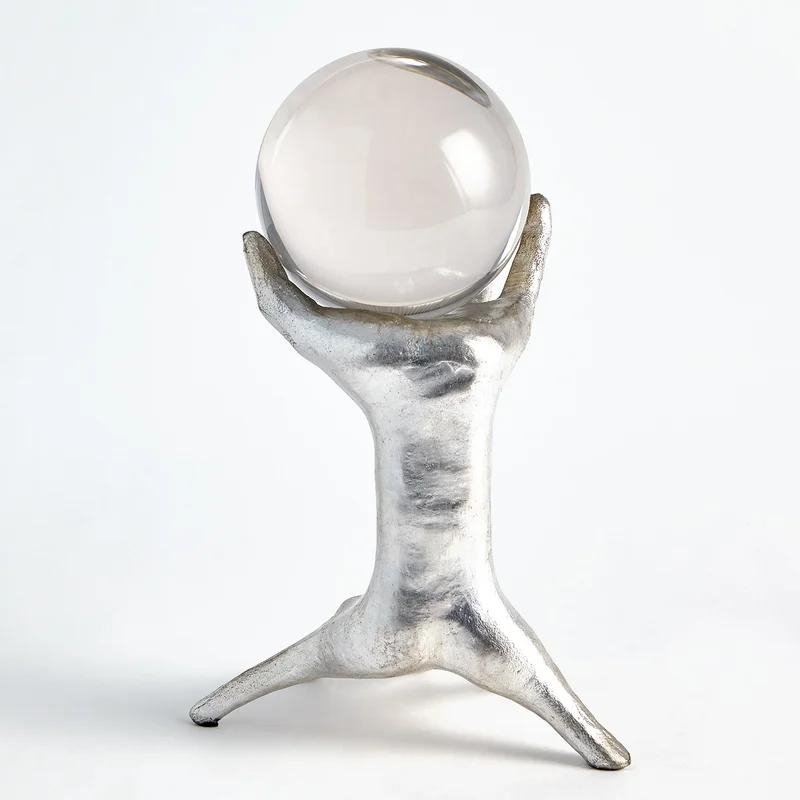 Elegant Silver Leaf Iron & Crystal Sphere Holder, 12.25" H