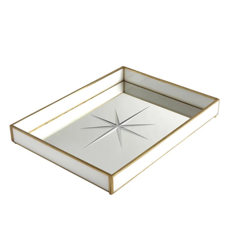 Elegant Square White Glass Tray with Brass Compass Rose Design
