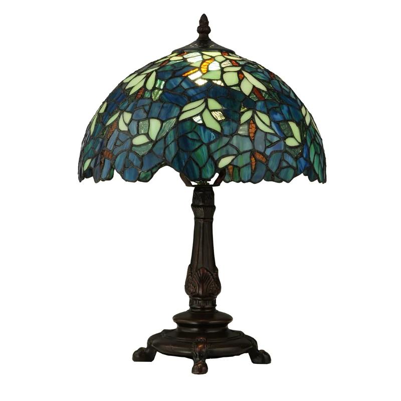 Blue Stained Glass Tiffany Table Lamp with Bronze Base