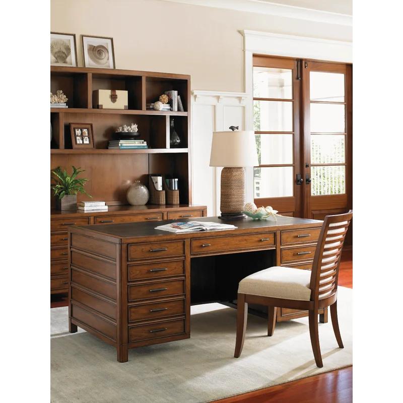 Transitional Brown Hickory Home Office Desk with Leather Top