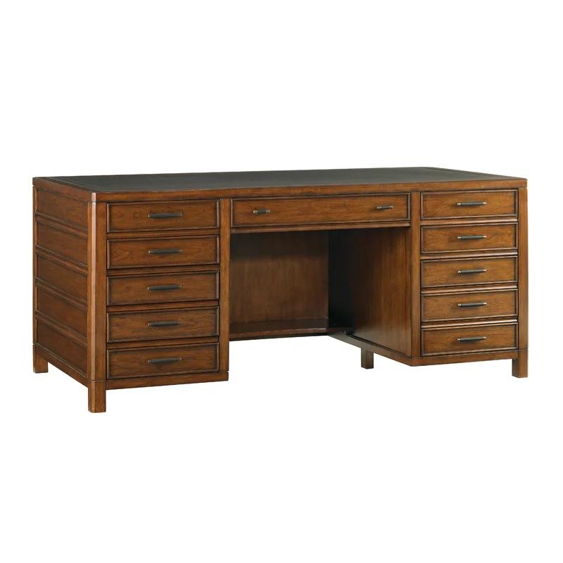 Transitional Brown Hickory Home Office Desk with Leather Top