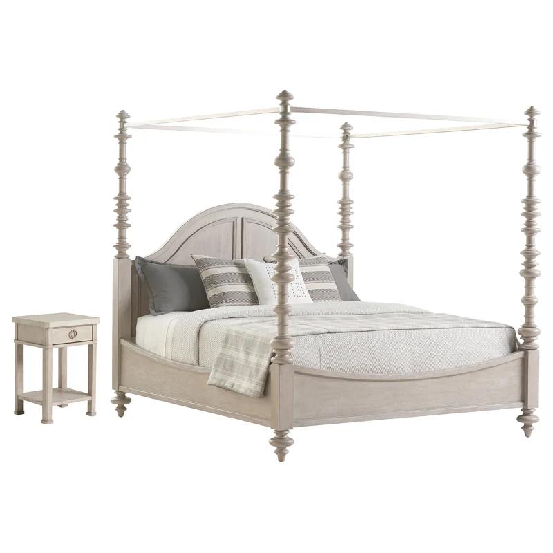 Transitional Beige King Poster Bed with Metal & Wood Frame