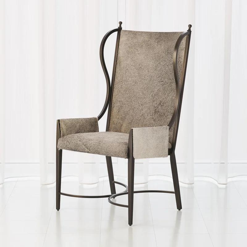 Gray Genuine Leather Wingback Chair with Metal Frame