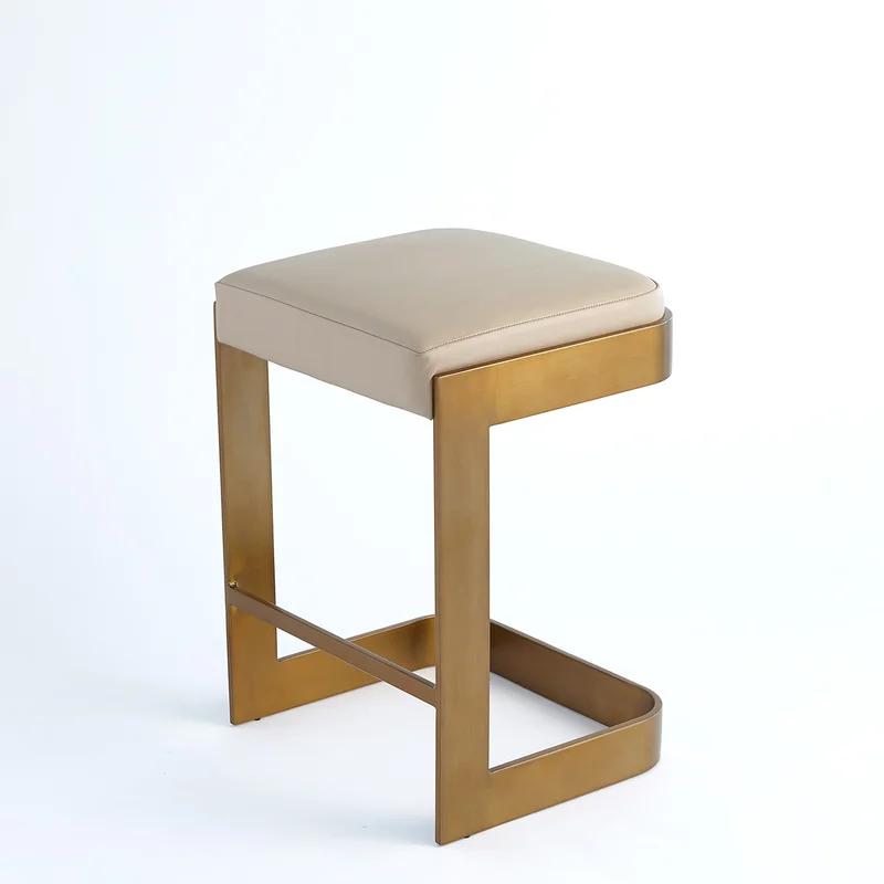 Elegant Ivory Leather Counter Stool with Antique Brass Base