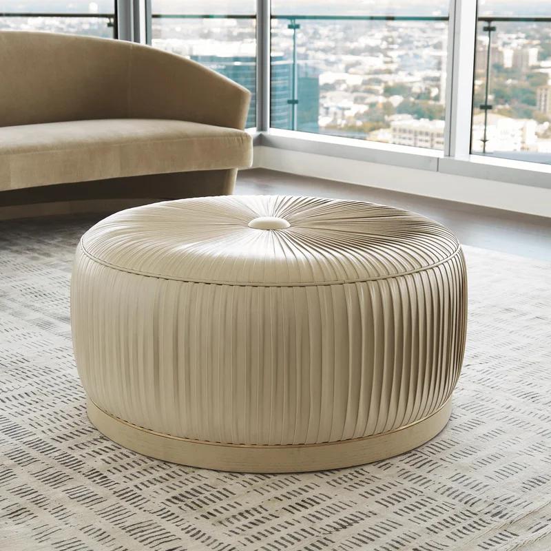 Ivory Top Grain Leather Round Ottoman with White Oak Base