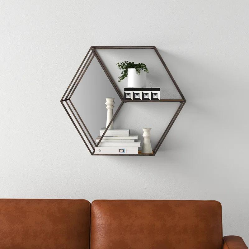 HexaShelf Rustic Brown Floating Hexagon Wall Shelf with Mirror