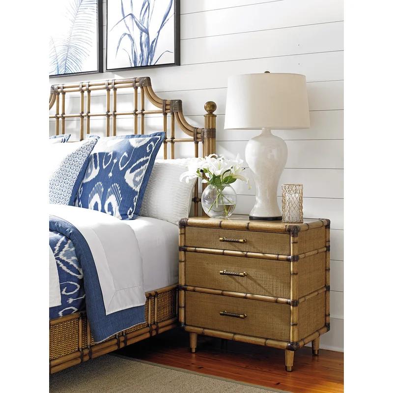 Transitional Bamboo-Wrapped 3-Drawer Nightstand in Brown with Raffia Accents