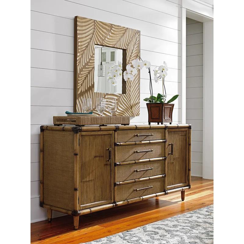 Twin Palms 72" Brown Bamboo and Raffia Buffet with Brass Accents