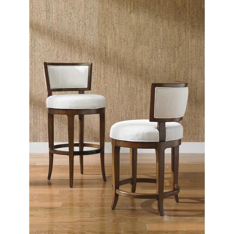 White and Brown Wood Swivel Bar Stool with Upholstered Seat