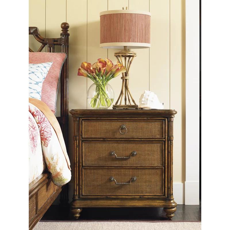 Bali Hai Sojourn 3-Drawer Nightstand in Warm Brown with Rattan Accents