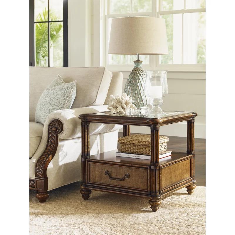 Brown Wood and Glass Square End Table with Storage