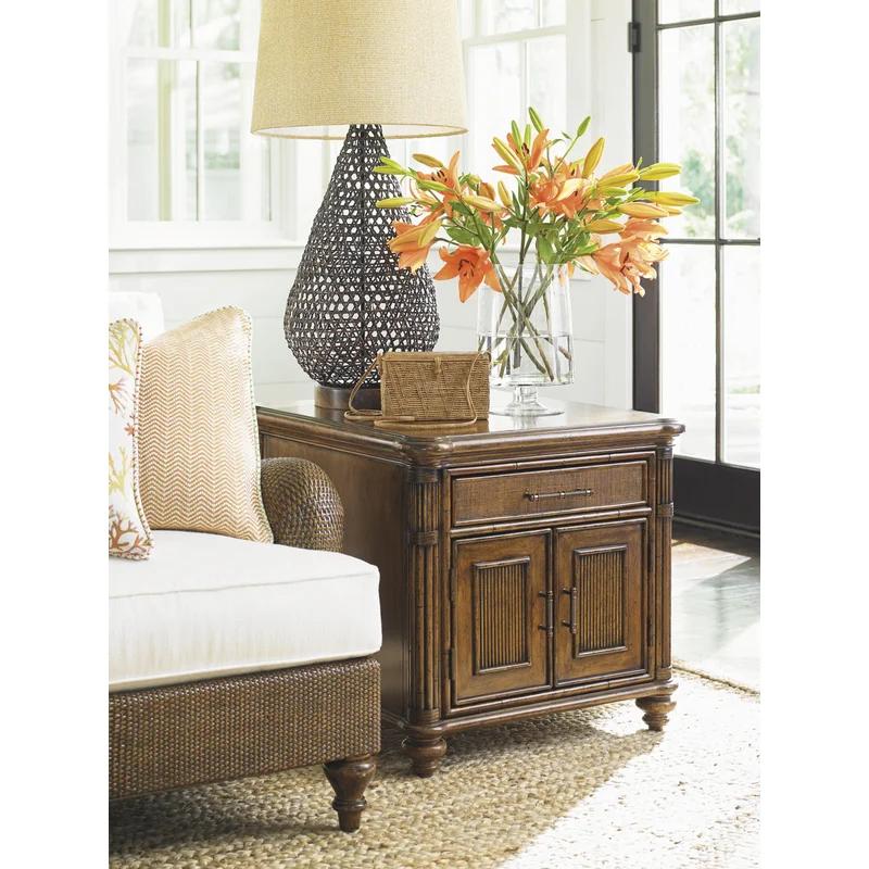 Transitional Brown Wood Storage End Table with Rattan Accents