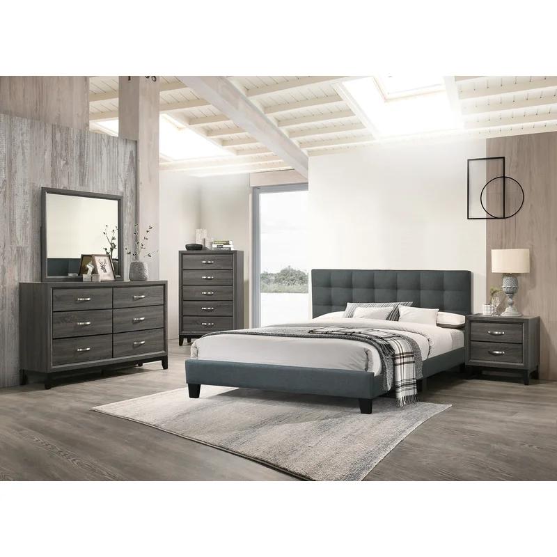 Charcoal King Size Engineered Wood Upholstered Platform Bed with Tufted Headboard