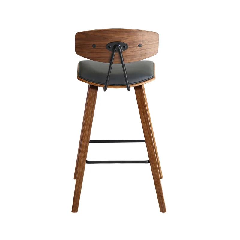 Fox Mid-Century Modern Gray Faux Leather & Brushed Black Wood Barstool