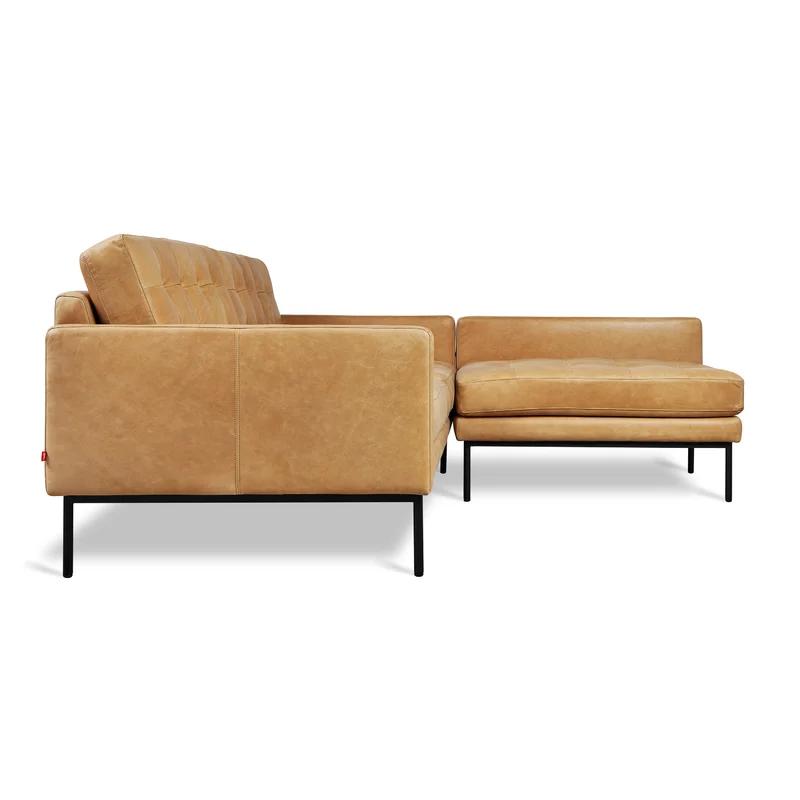 Mid-Century Tufted Canyon Whiskey Leather Sectional with Wood Accents