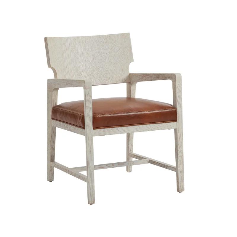 Contemporary Brown Leather and Wood Upholstered Arm Chair