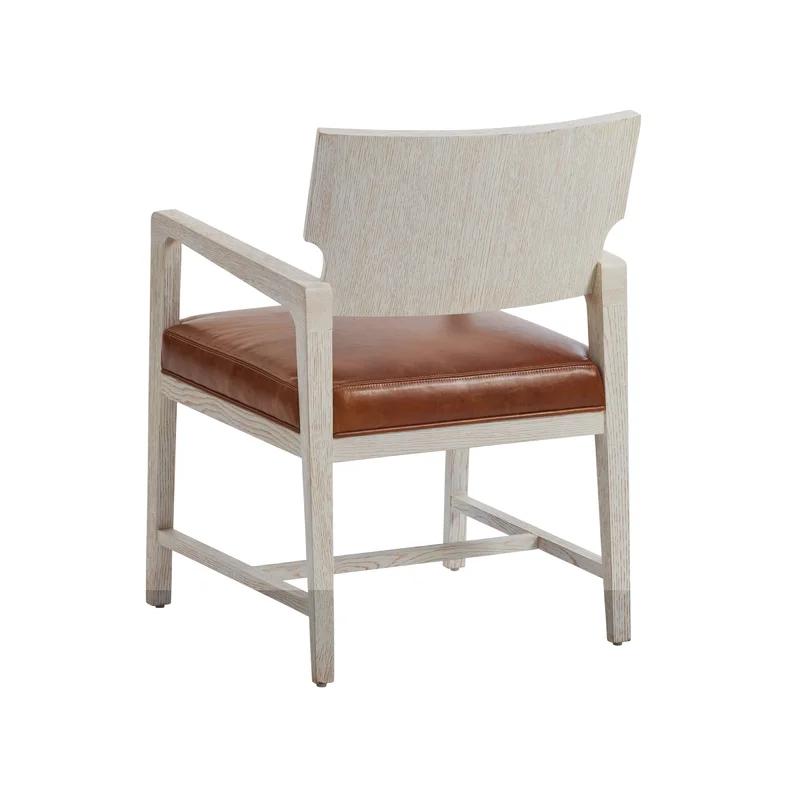 Contemporary Brown Leather and Wood Upholstered Arm Chair