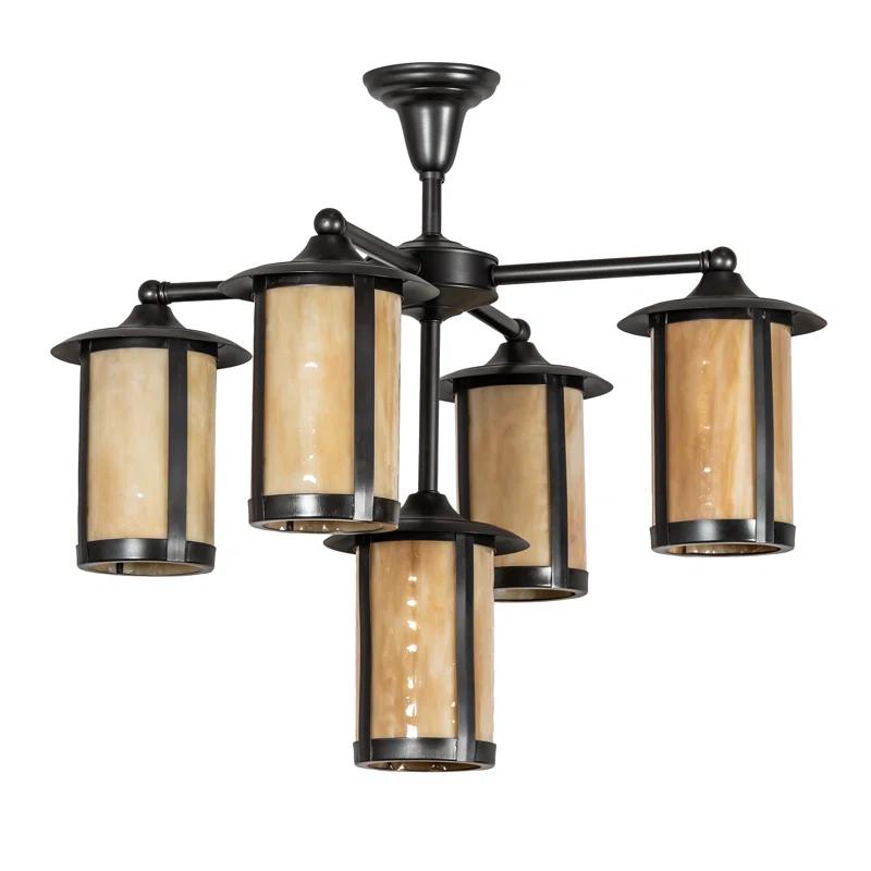 Fulton Craftsman Brown 5-Light Plug-In Chandelier with Beige Glass