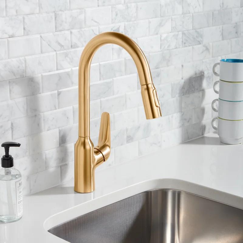 Elegant 14'' Brushed Gold Optic Pull-Down Kitchen Faucet with Ceramic Disc