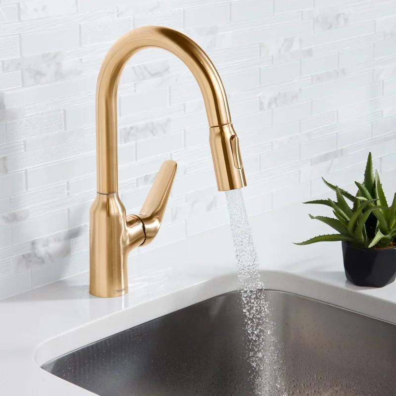 Elegant 14'' Brushed Gold Optic Pull-Down Kitchen Faucet with Ceramic Disc