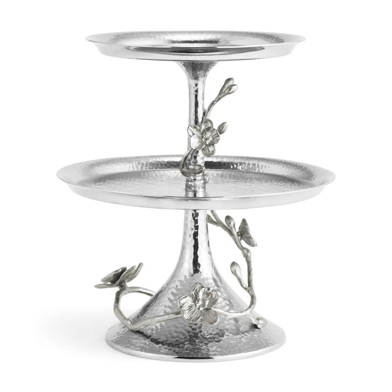 White Metal Orchid 2-Tier Round Etagere