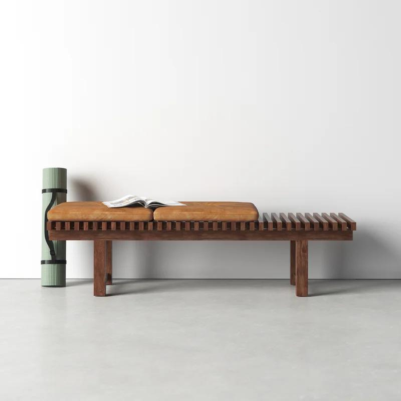 Modern Slat 59" Top Grain Aniline Leather Bench in Brown