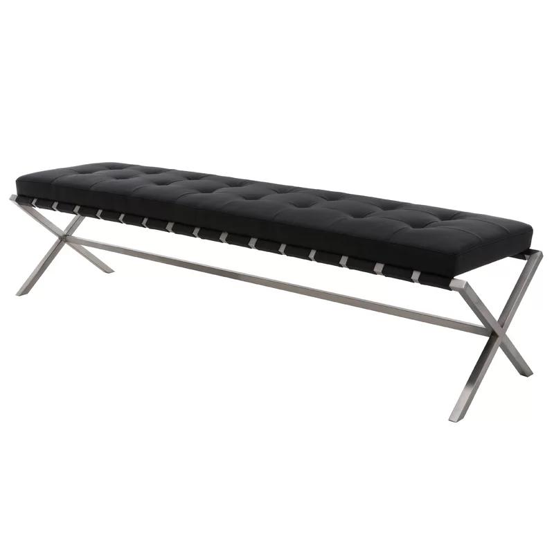 Auguste Black Faux Leather Bench with Silver Base