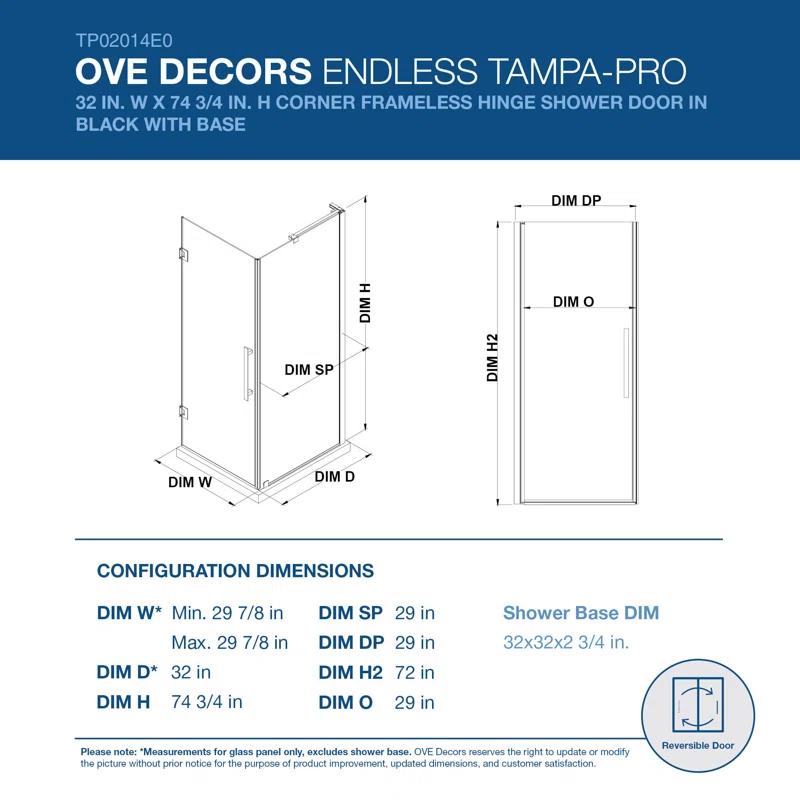 Endless Tampa-Pro 32" W x 72" H Corner Frameless Shower Kit, Door, Panel, Base
