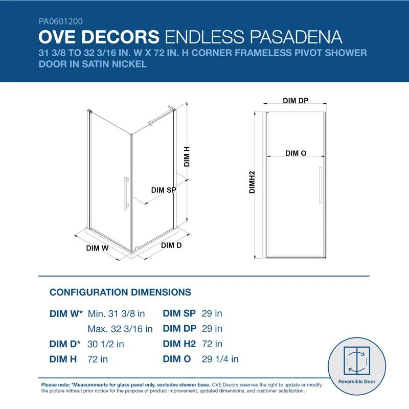 Pasadena Frameless Satin Nickel Rectangle Shower Kit