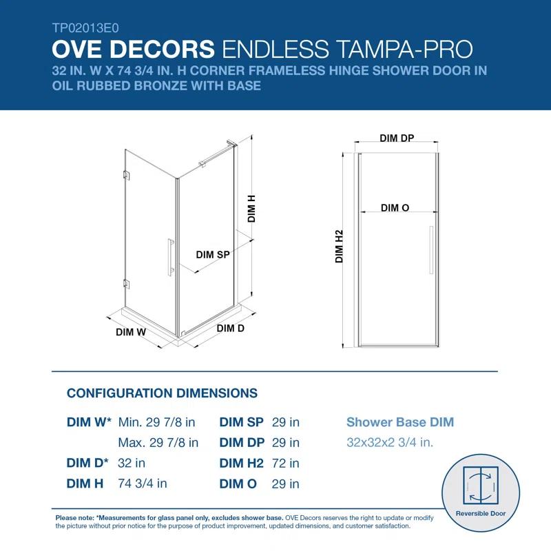 Endless Tampa-Pro 32" W x 72" H Corner Frameless Shower Kit, Door, Panel, Base