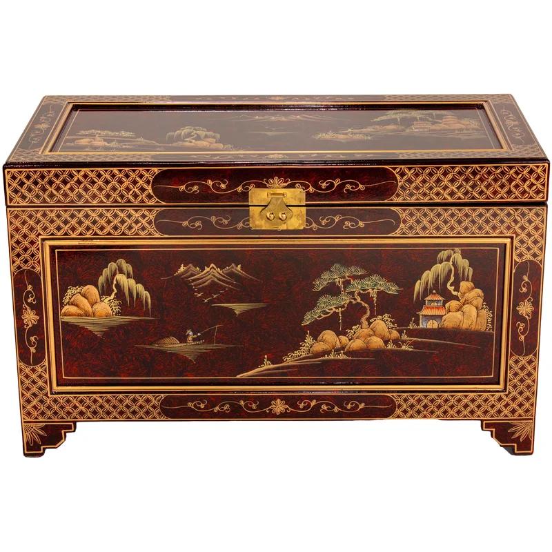 Hand-Crafted Red Lacquer Storage Trunk with Gold Landscape Design