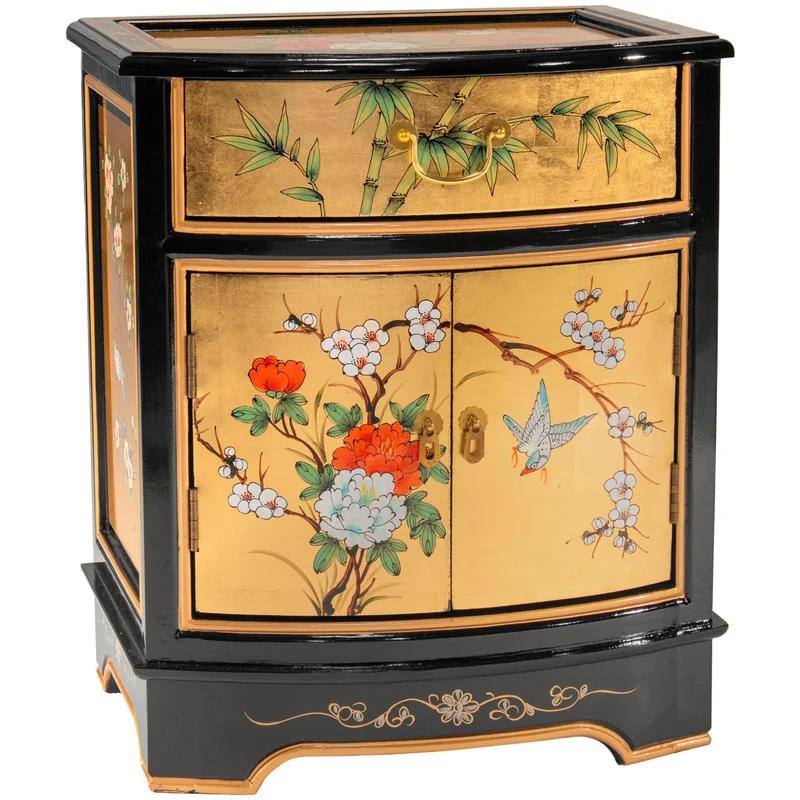 Gold Leaf Lacquer Oriental Cabinet with Hand-Painted Birds and Flowers