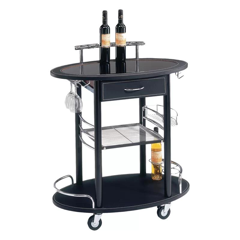 Chic Oval Black Glass Top Bar Cart with Wine Rack and Storage