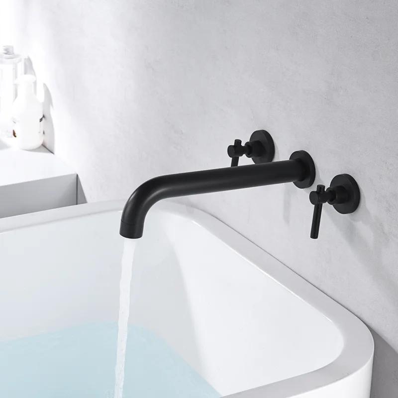 Matte Black Solid Brass High Flow Wall-Mount Tub Filler with Dual Lever Handles