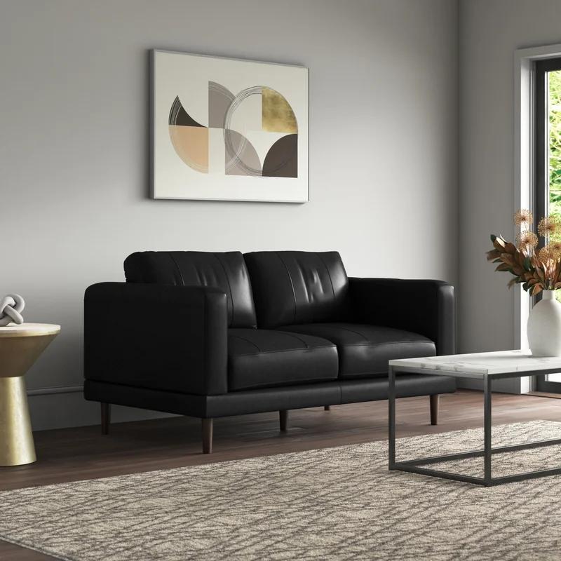 Hanson Contemporary Black Genuine Leather Loveseat with Wooden Legs